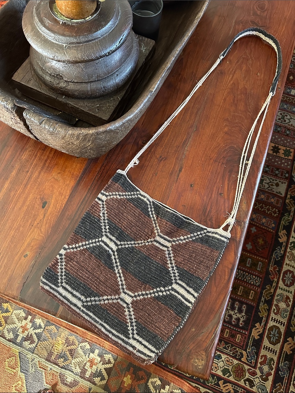 🇺🇾Handwoven ooak Bag Brown/Black/Cream Boho unisex market bag I got in Uruguay